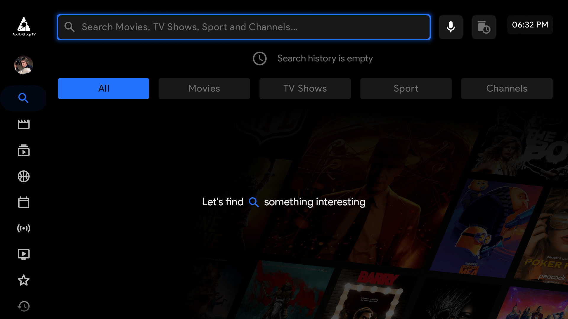 Search Keyboard or Voice Example Apollo Group TV