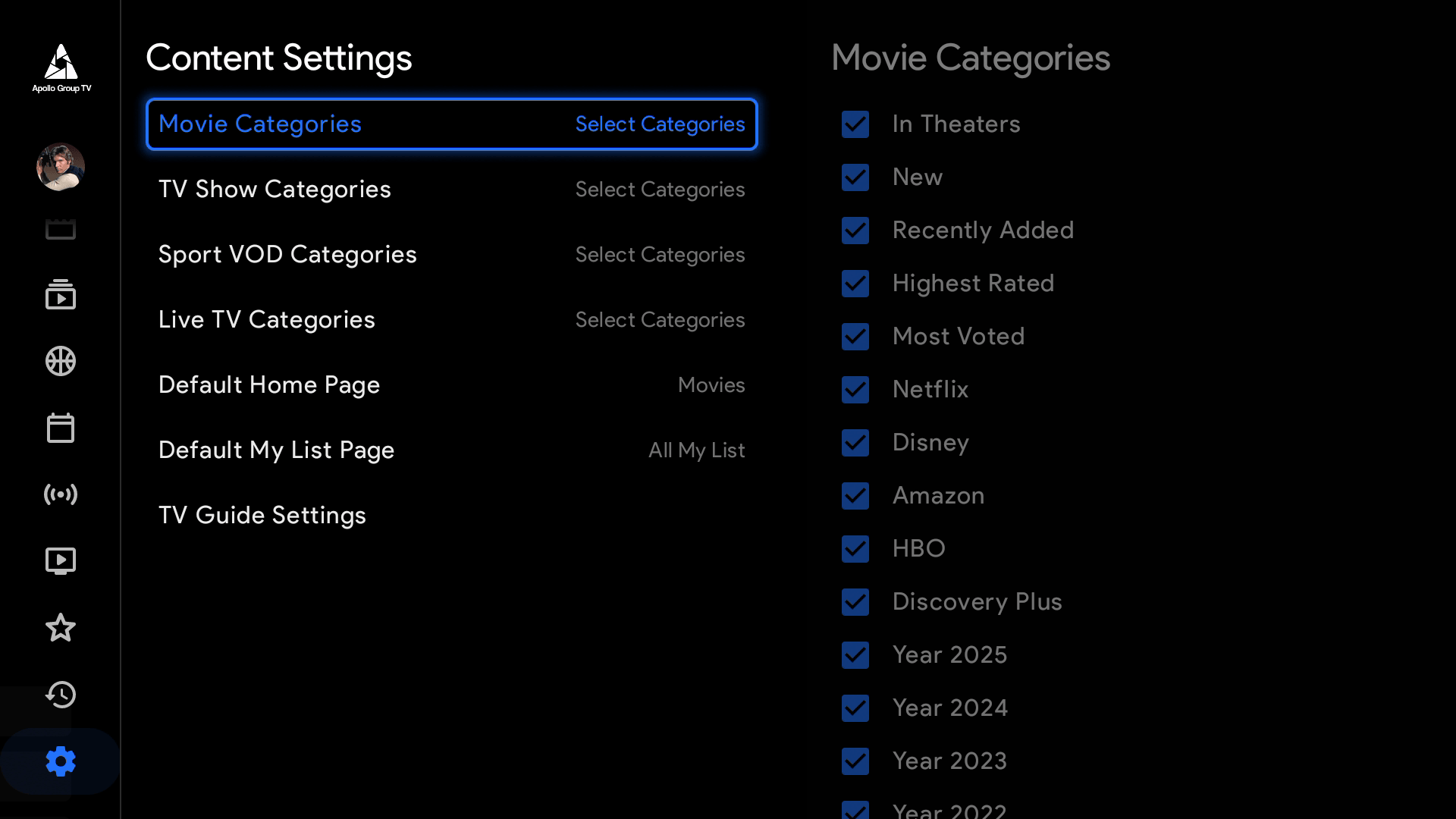 Settings My List Content Customization Apollo Group TV