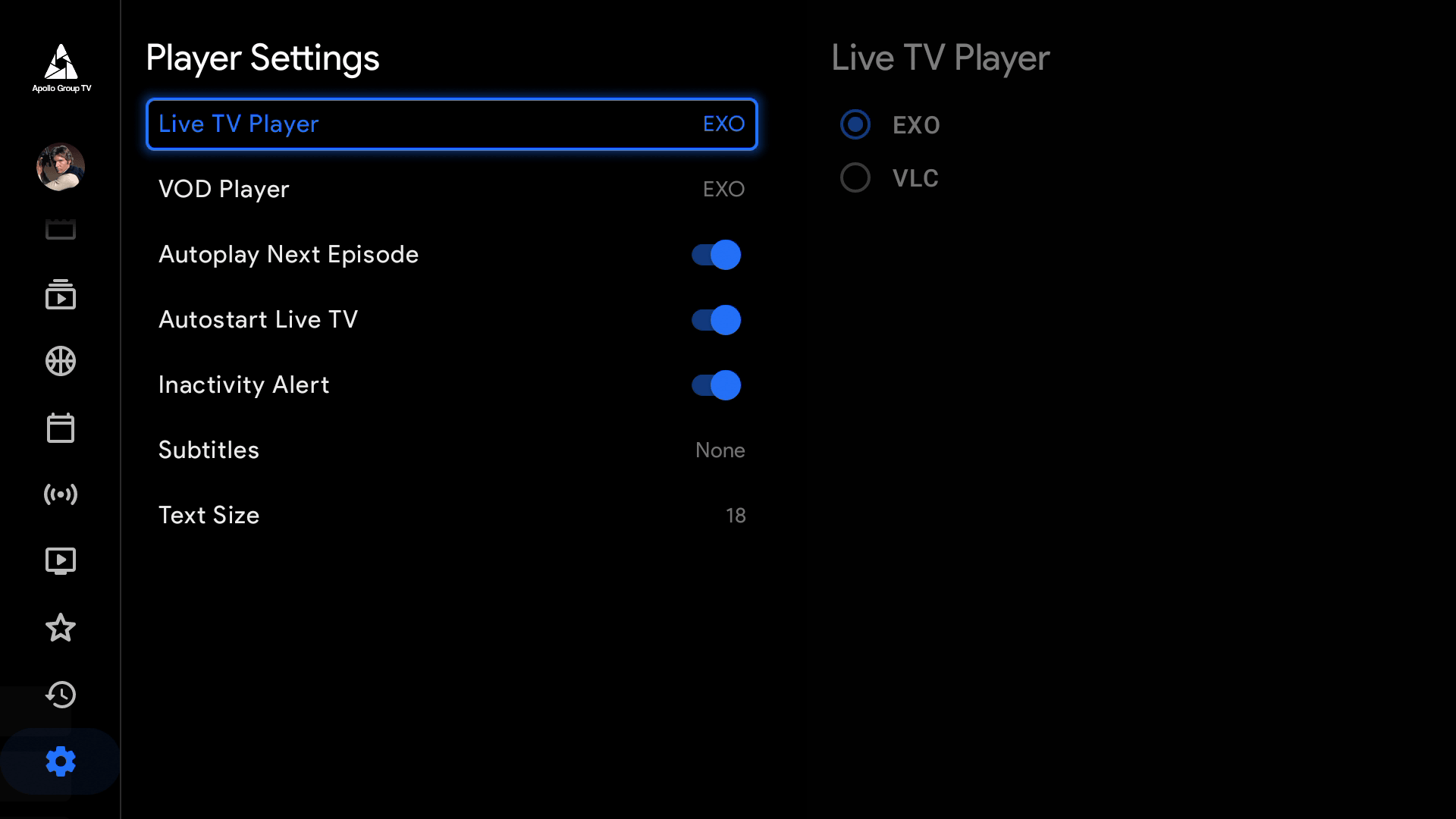 Settings Player Settings Apollo Group TV