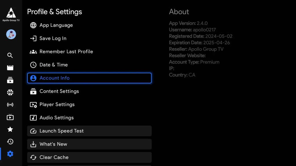 Settings Acccount Information Apollo Group TV