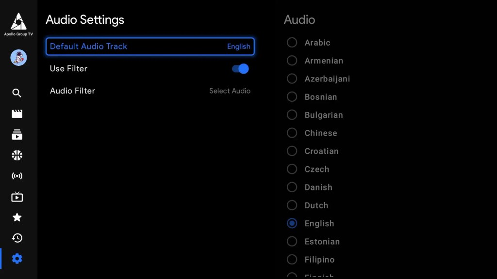 Settings Audio Settings Default Apollo Group TV