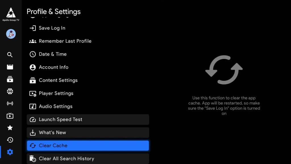 Settings Clear Cache Apollo Group TV