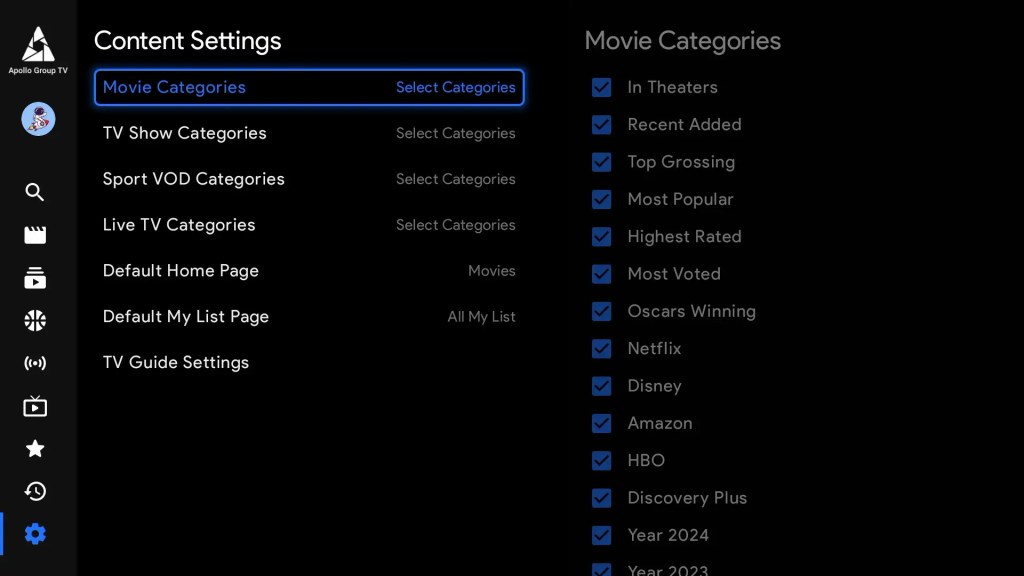 Settings Content Customization Apollo Group TV