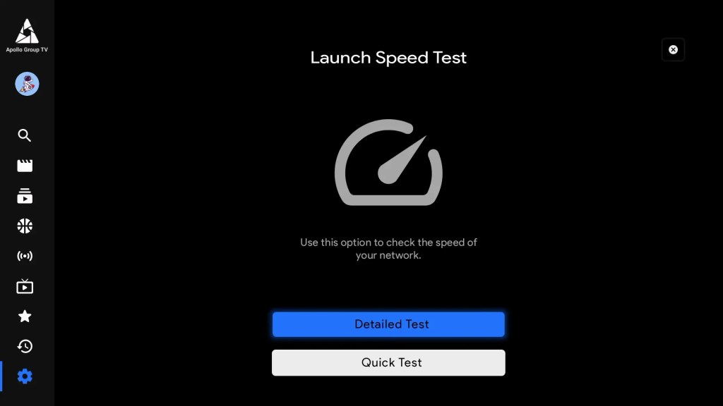 Settings Launch In Application Speed Test Apollo Group TV