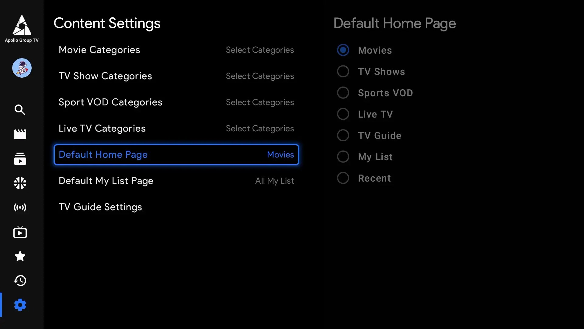 Settings Menu Content Customization Apollo Group TV