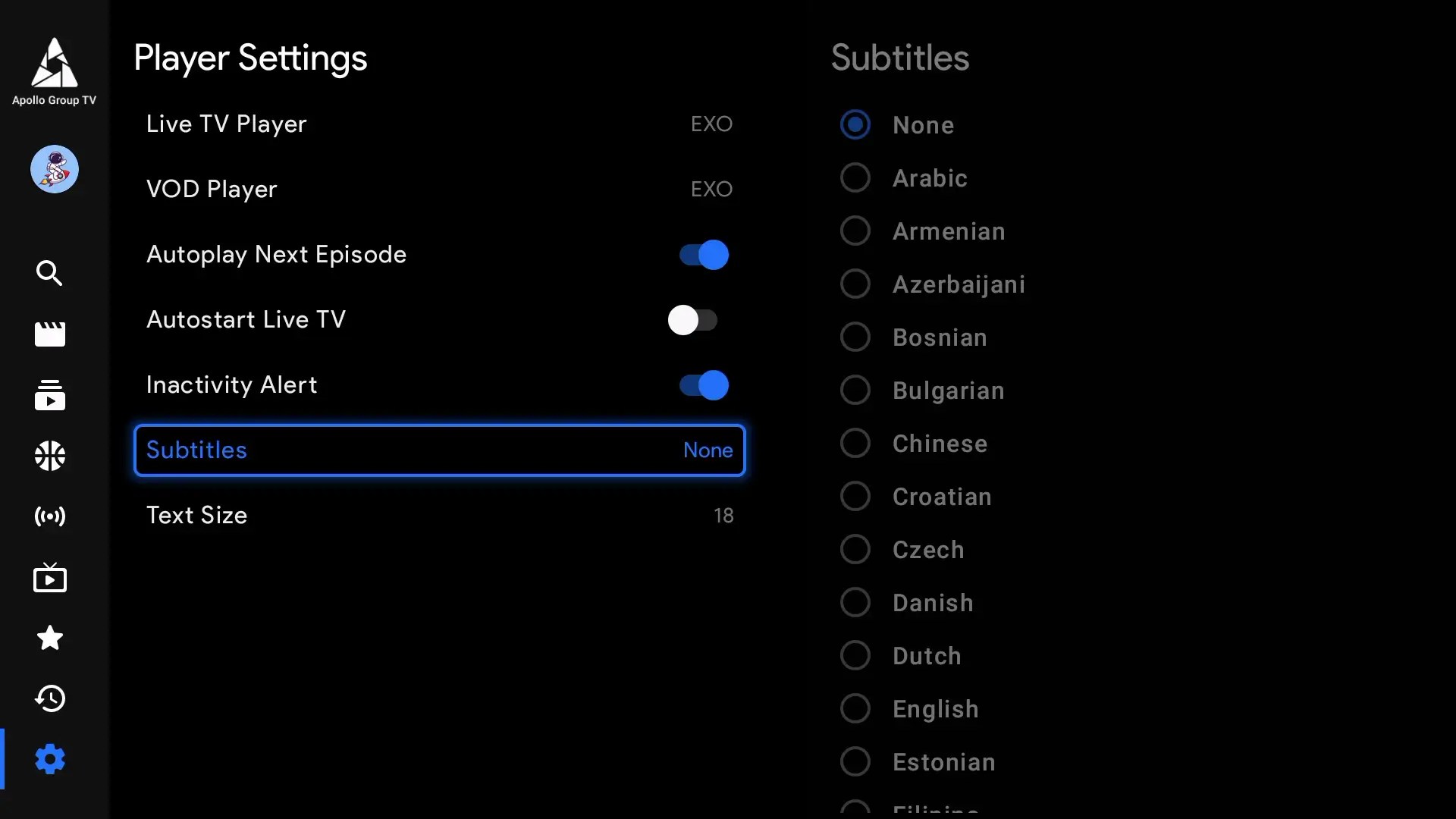 Settings Player Settings Subtitle Default Apollo Group TV