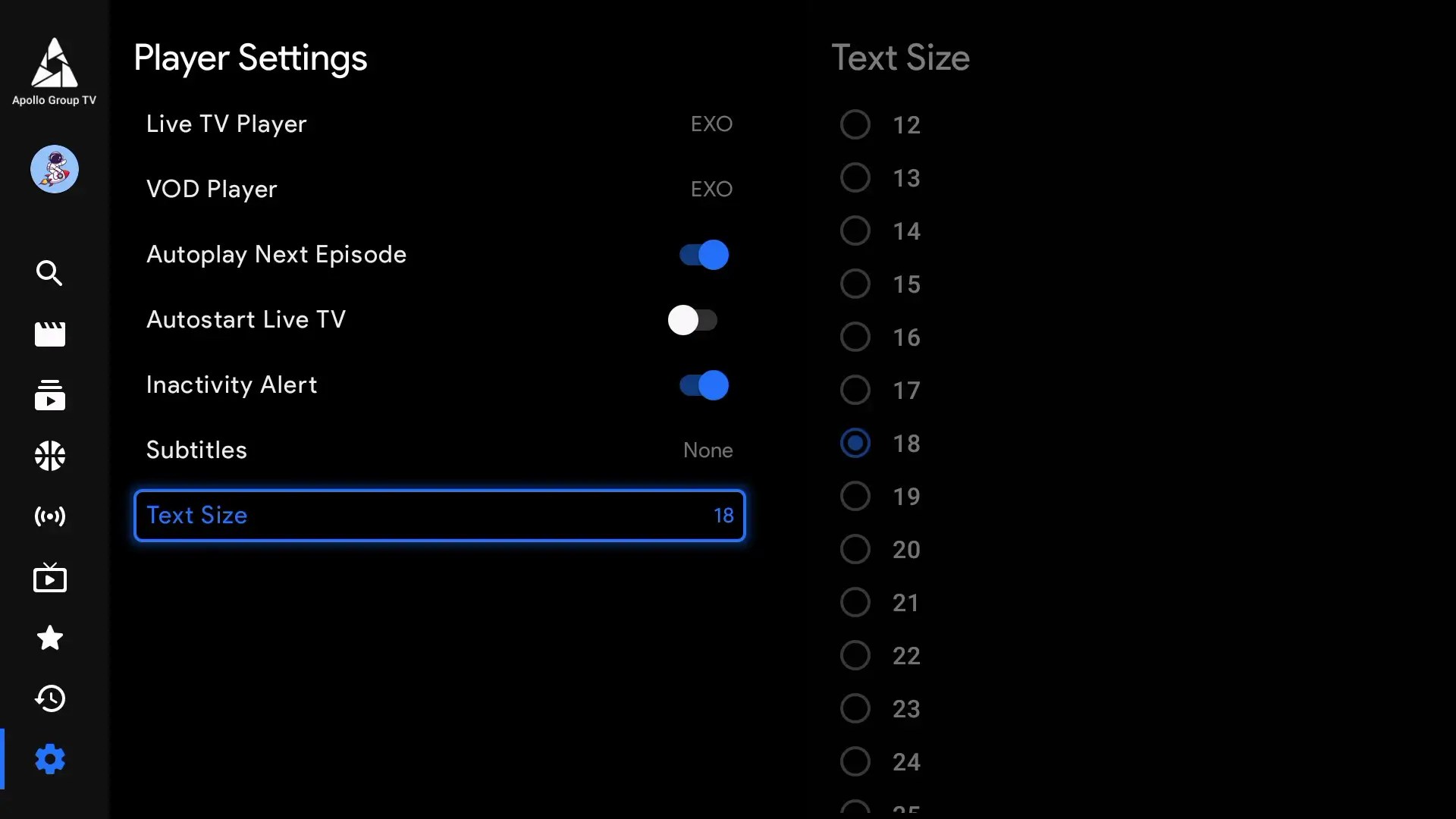 Settings Player Settings Subtitle Text Size Apollo Group TV