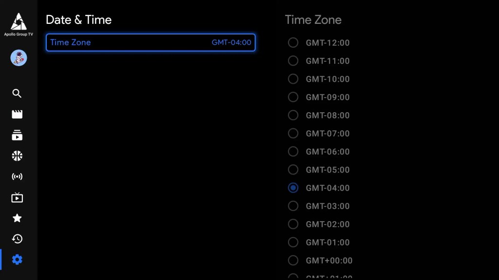 Settings Time Zone Change Apollo Group TV