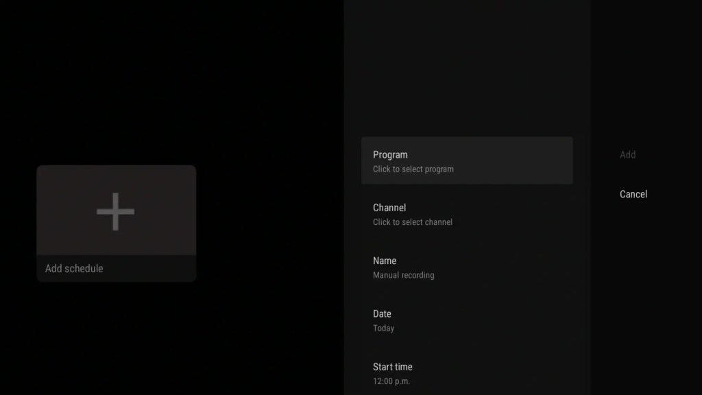 PVR Add Schedule Screen - Start Time, Stop Time, and Recurring Option