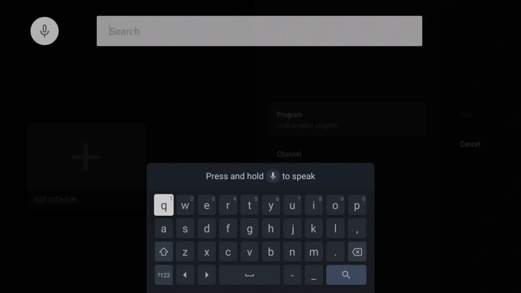 Search screen in Sparkle Player with options to search by program or channel.
