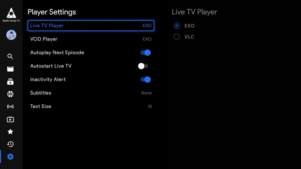 Player settings in Apollo Group TV for a customizable viewing experience.