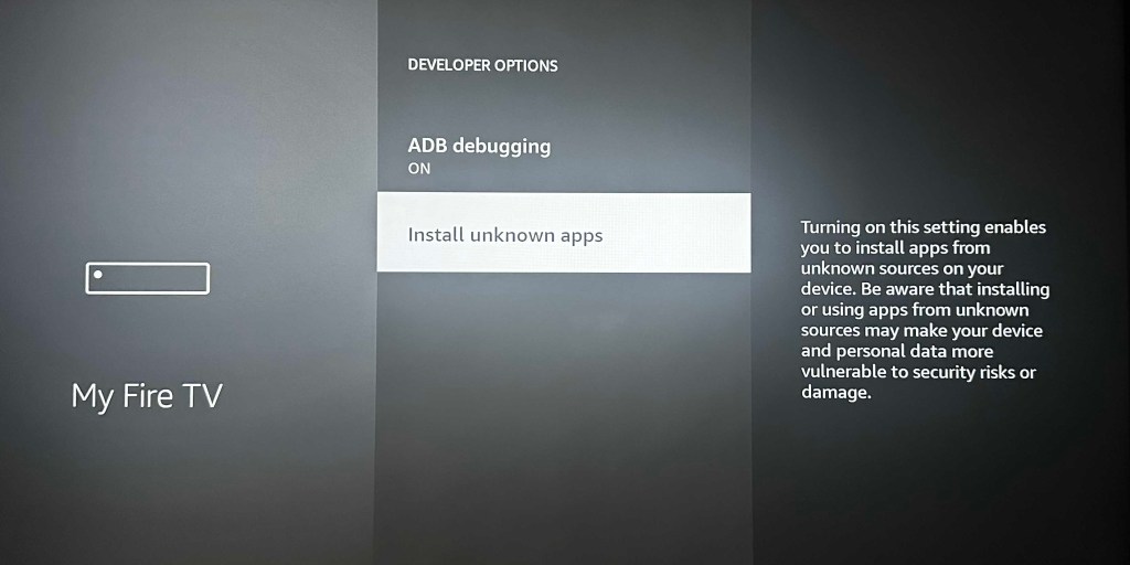 Settings menu to enable installation of unknown apps on Fire TV.