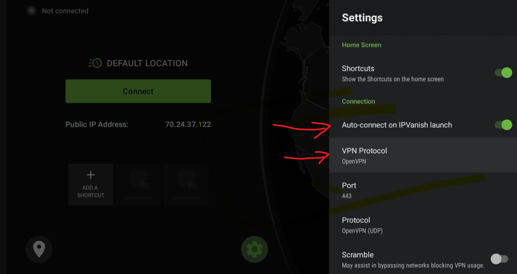 IPVANISH Configure Settings