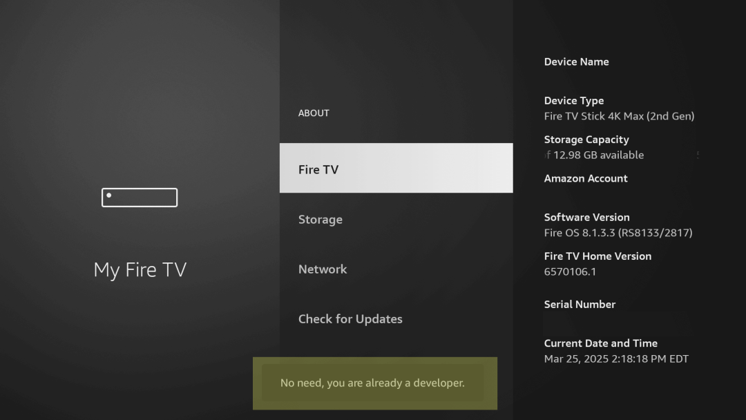Developer Mode Enabled - Firestick