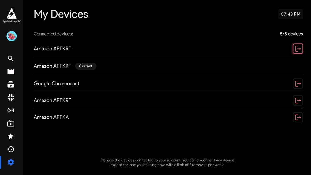 Devices associated with the account listed within the application