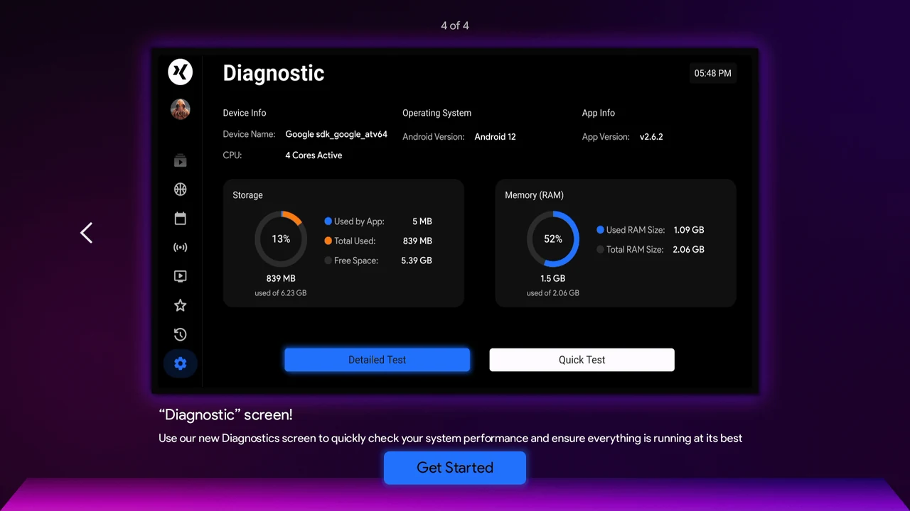 Diagnostic screen showing device name, Android version, app version 2.6.2, storage and memory usage