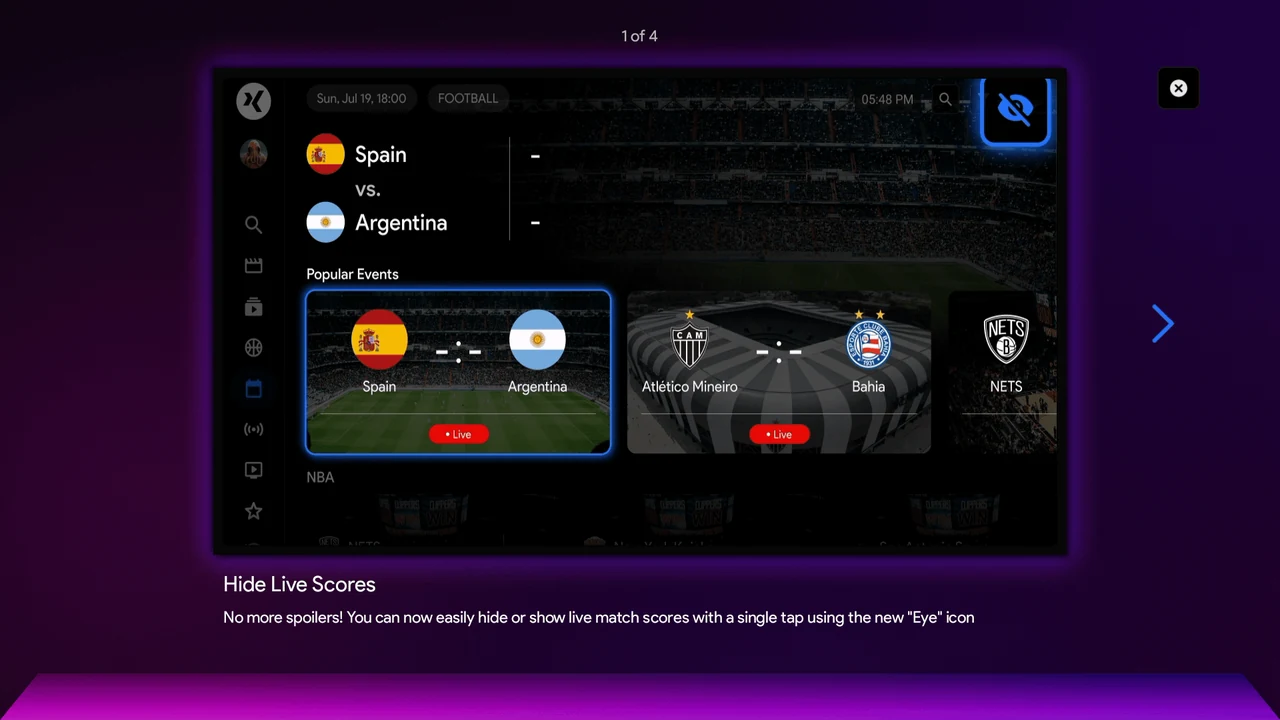 Apollo Group TV Sports Live screen with the new eye icon highlighted, scores hidden on the Spain versus Argentina fixture