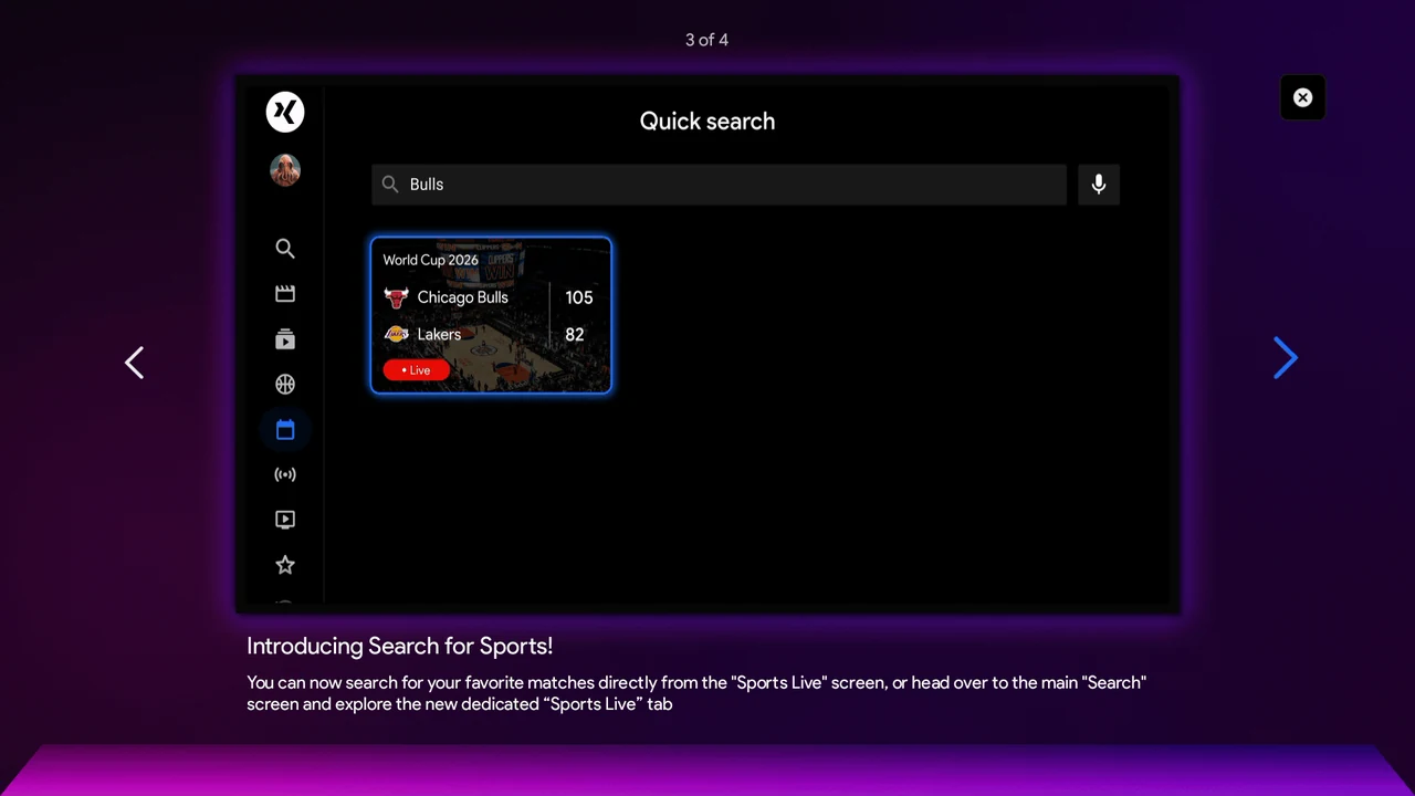 Quick search screen with "Bulls" entered, returning a live Chicago Bulls versus Lakers fixture