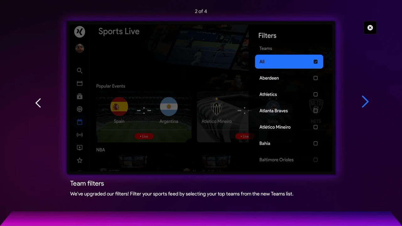 Sports Live filter panel open on the new Teams list, with team checkboxes
