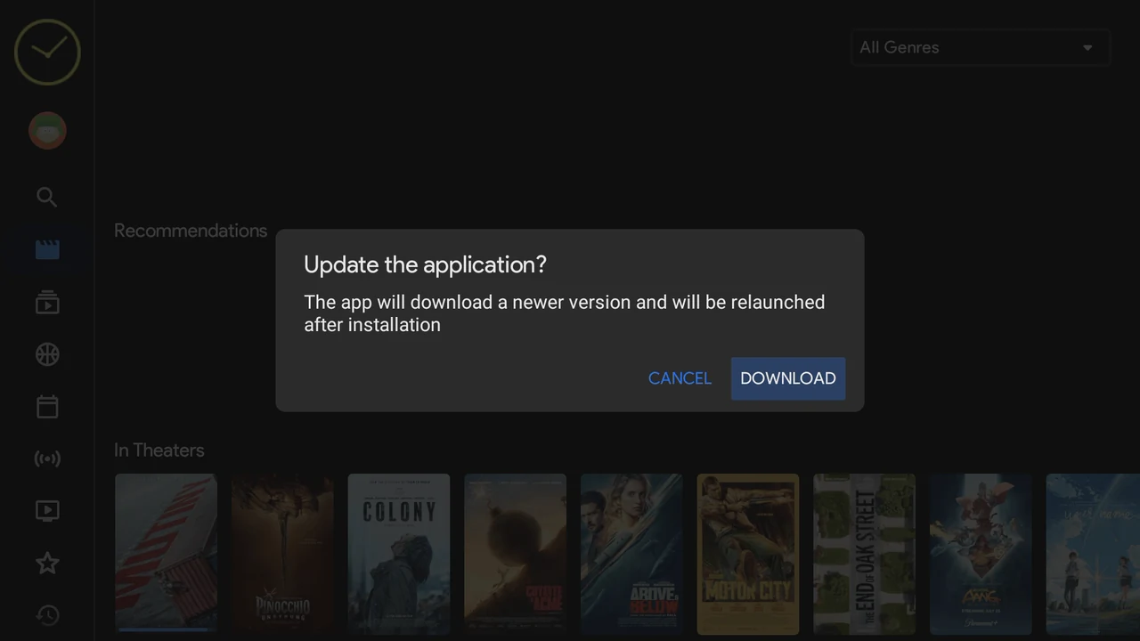 The "Update the application?" prompt with Cancel and Download options