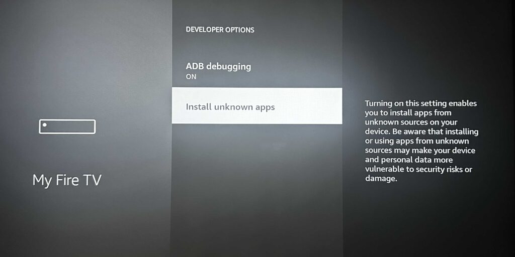 Settings menu to enable installation of unknown apps on Fire TV.